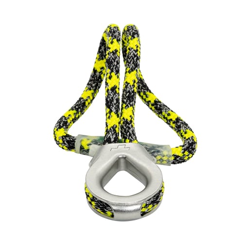 prusikLOOP fimble, a yellow-black-gray patterned rope with a silver metal part in the shape of a teardrop, photographed from the front