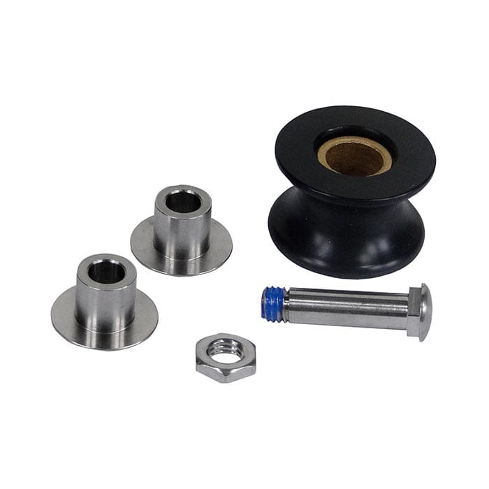 SpiderJack 3 roller roller large, individual components of the roller roller lie loose on a white background, including a black roller, two metal bushings, a screw with a blue thread and a nut