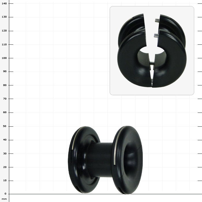 Black plastic roller with two discs, one view from the front and one from the top