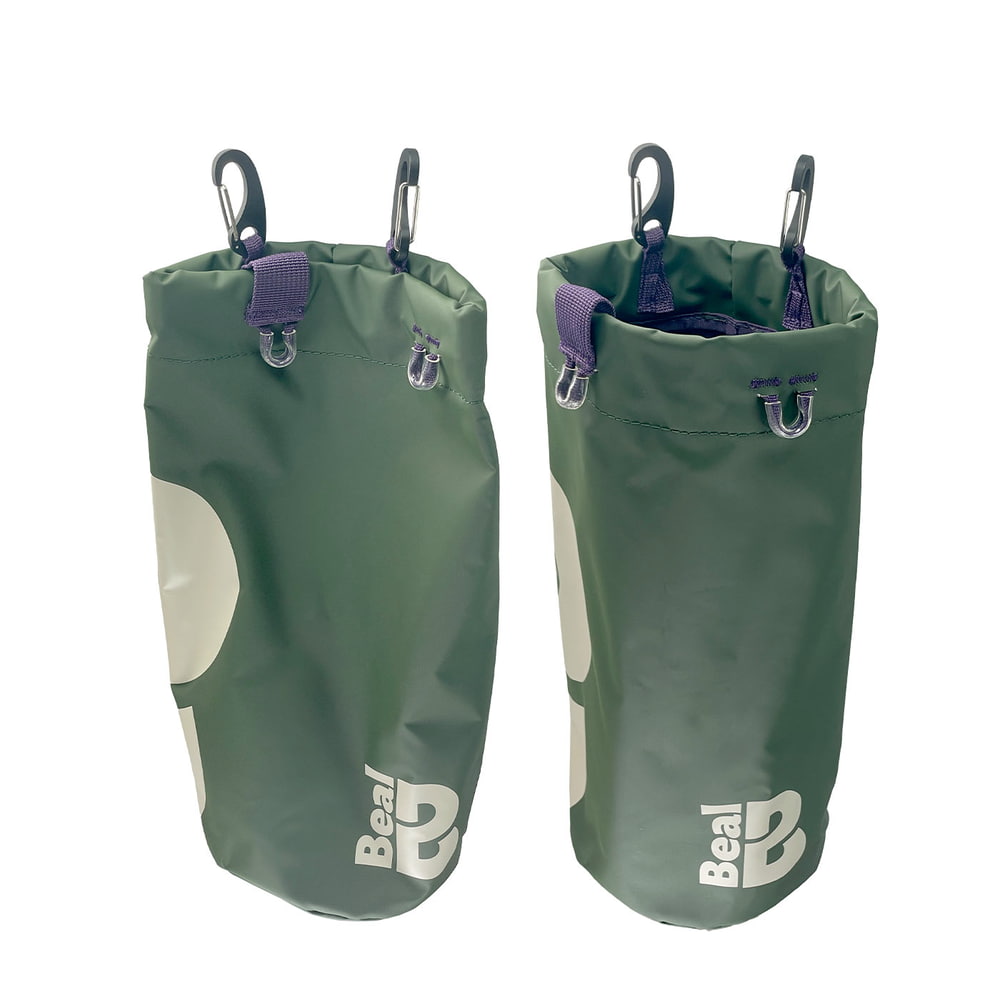 Two Tool Bucket L by Beal, green with white Beal logo, standing, each with two black carabiners and purple loops at the top, front and back visible
