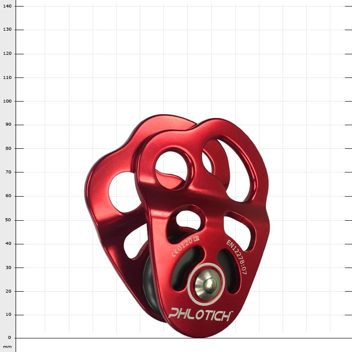 Red metal rope pulley with the inscription "PHLOTICH" and standard information