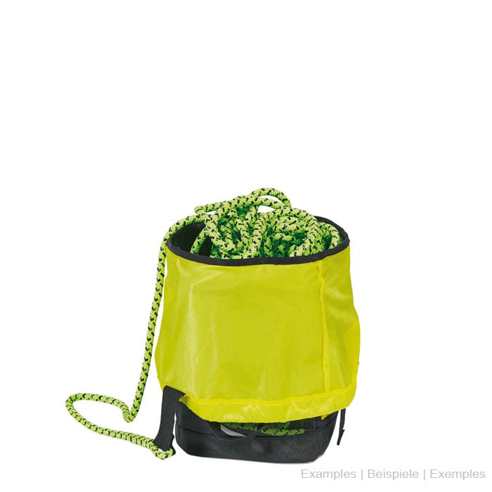 Host climbing bag by Courant in black and yellow with yellow net on top and green and black rope inside