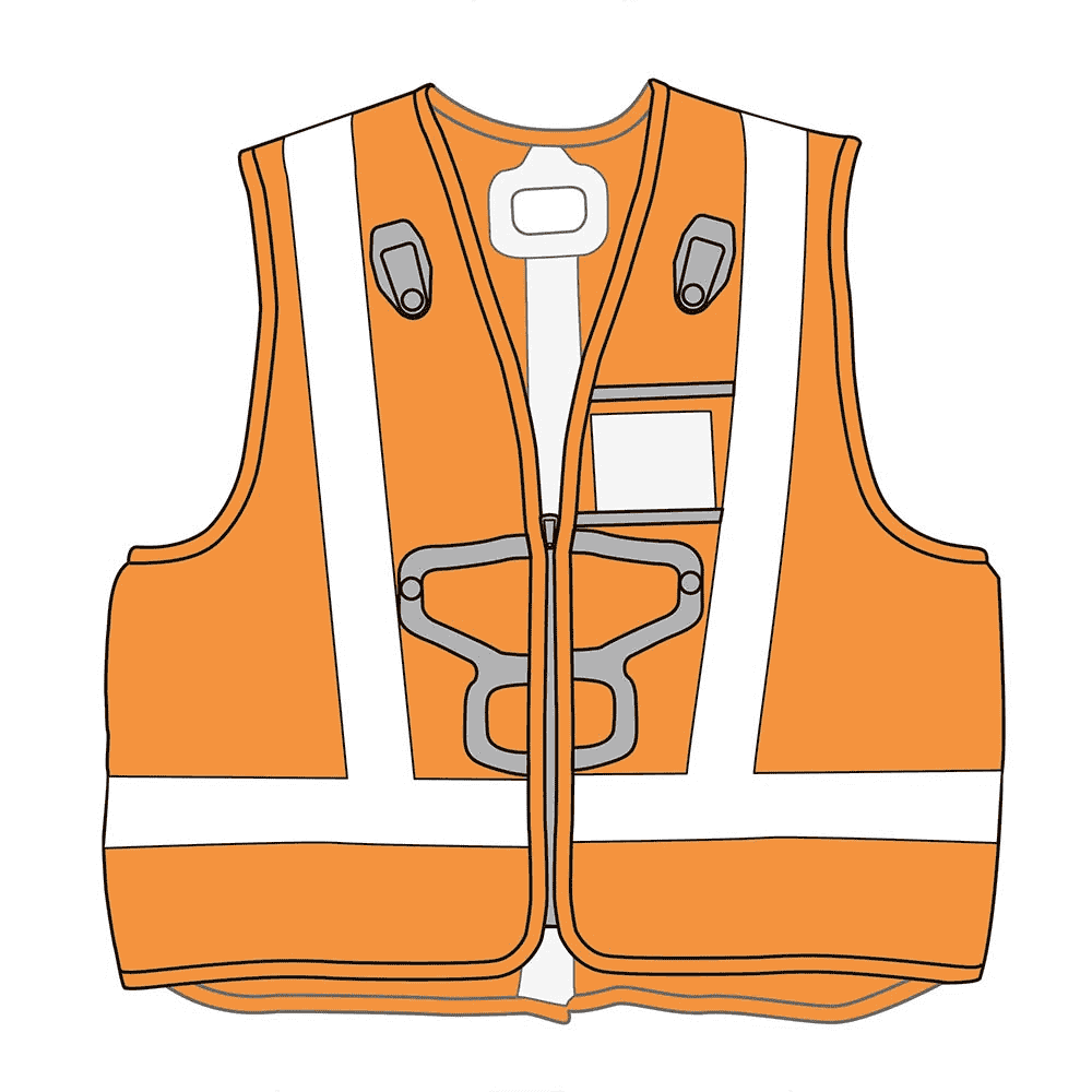 Newton Vest HI-VIZ illustration of a safety vest in orange with grey reflective stripes, black brackets and pockets