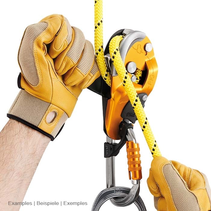Petzl Rescue Rig Static Belay Device in Yellow with Yellow Rope and Carabiner, Held by Hands with Yellow Gloves
