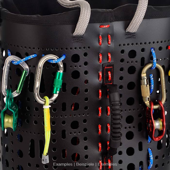 ropeBUCKET 50 Close-up of the black bucket with red stitching, grey rope handles, black handle and several carabiners with climbing equipment on the outside