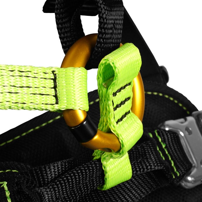Treewor C Detail of an orange carabiner with green webbing on the black and green harness