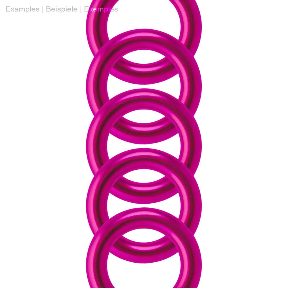 Aluring 40 Pink, five pink rings with a smooth surface arranged on top of each other, against a white background