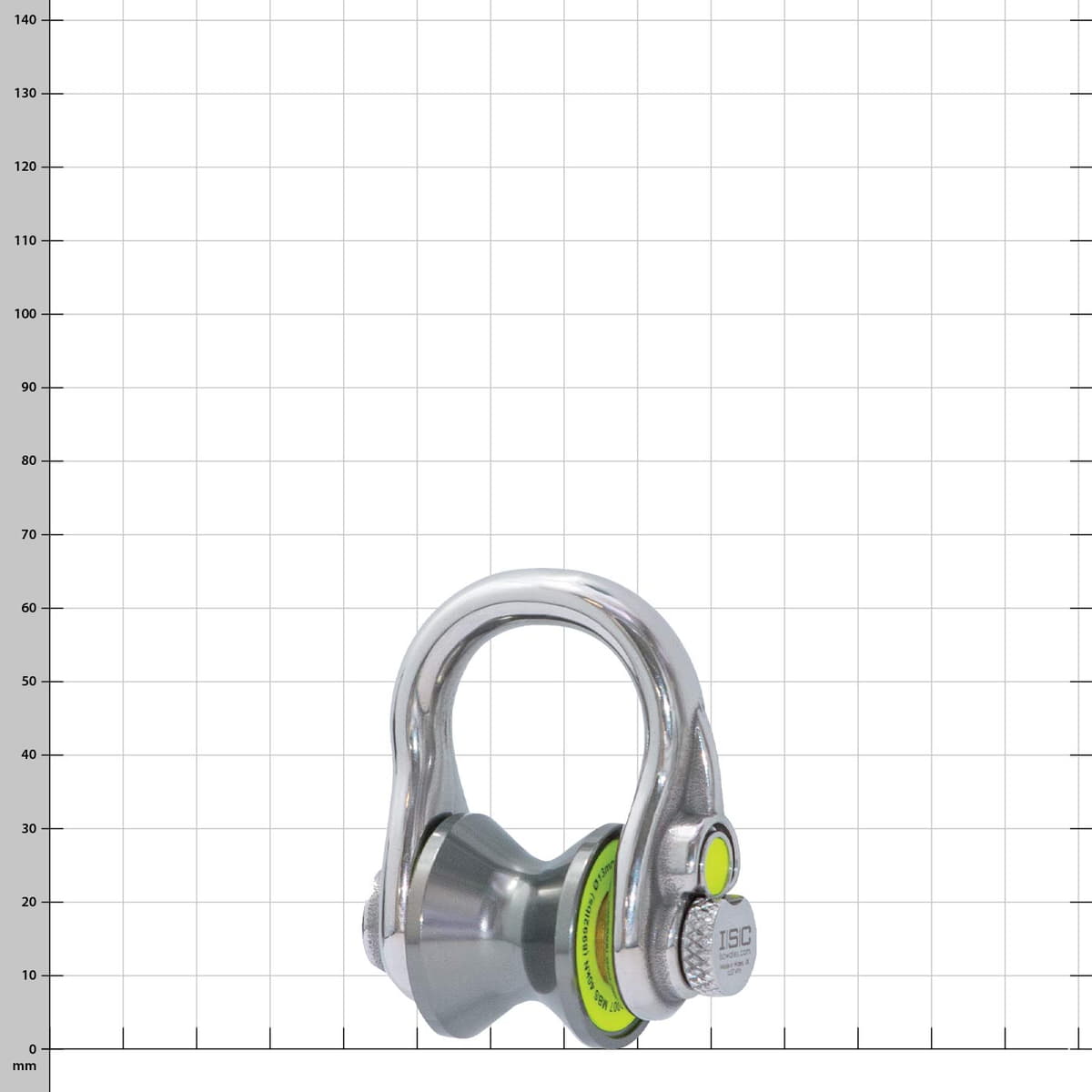 Ultra Link Small by ISC, a silver shackle with a gray drum-shaped roller in the center and a yellow button on the clasp
