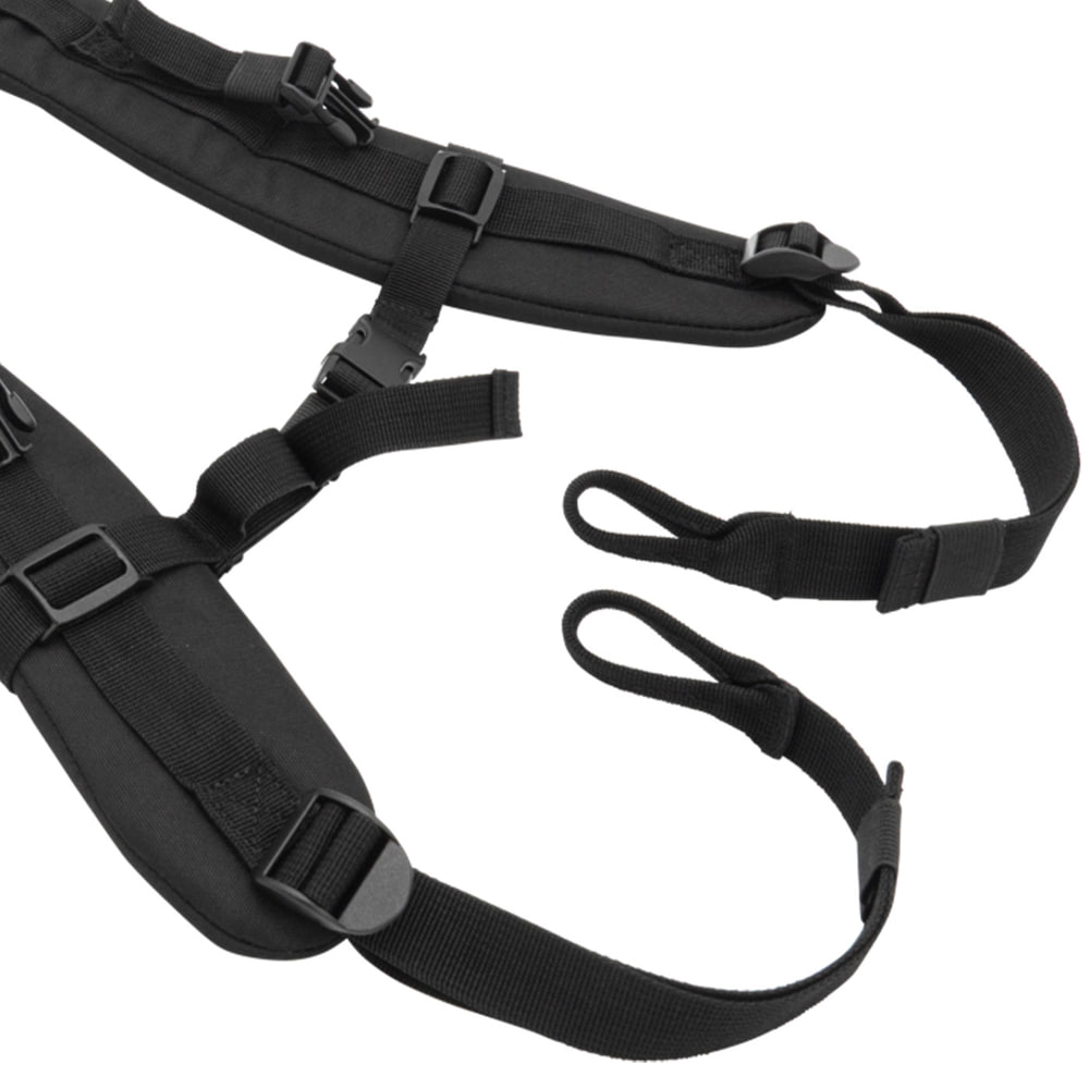Detail of the lower ends of the black mule shoulder straps with loops and adjustable straps