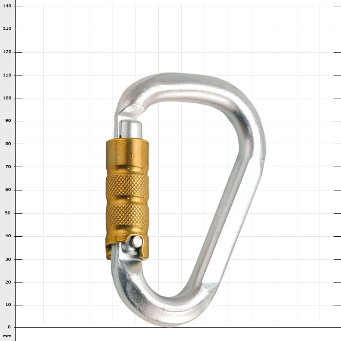 HMS-Steel Auto carabiner made of silver metal with gold-coloured locking mechanism, manufacturer's name not visible