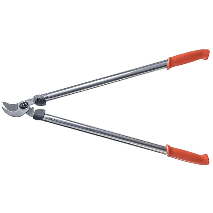 Bypass 21.080 Pruning shears with long silver metal handles and red handle covers, open, slightly from a different perspective