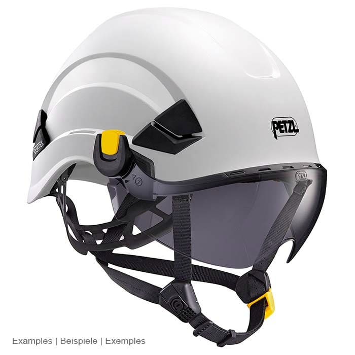 White Petzl Vertex helmet with grey Vizir Shadow and yellow clips, black chin strap and fasteners
