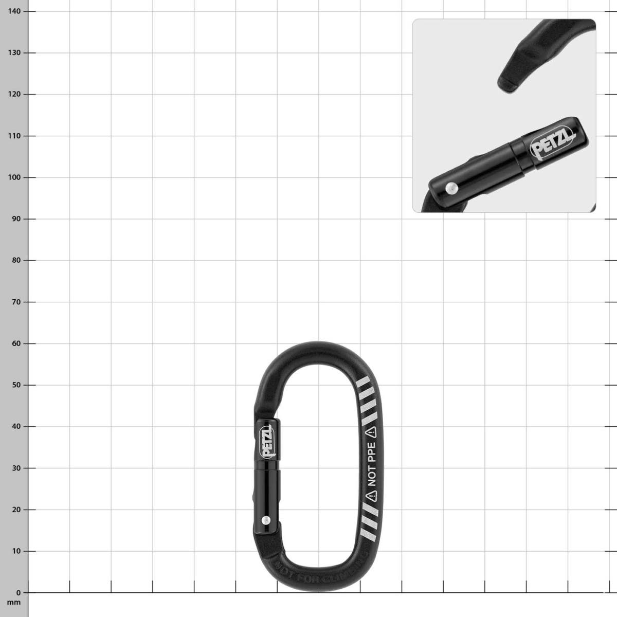 Black Petzl Mino carabiner with white markings and PETZL logo on the closure