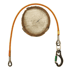 Flex Fly Sidewinder rope with snap hook, yellow-red, connected to a piece of tree trunk disc