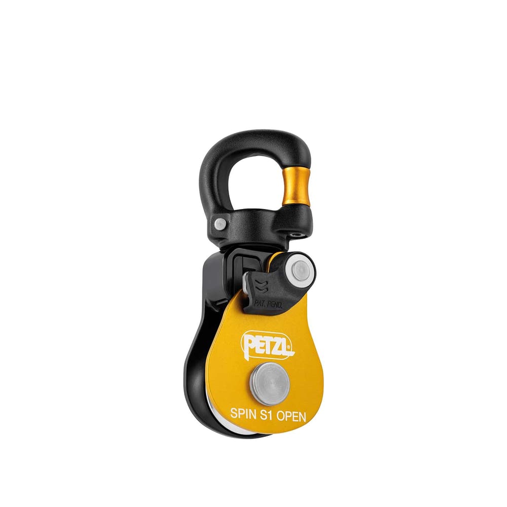 Petzl Spin S1 Open Pulley with Black Carabiner and Yellow Housing