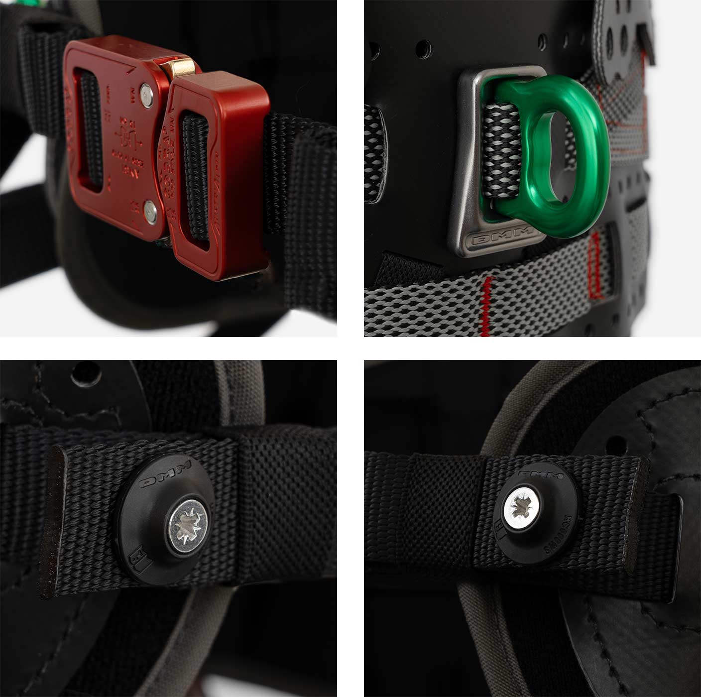Kinisi Max Seat Belt Close-up Red Buckle, Green Metal Ring and Black Belt Attachment