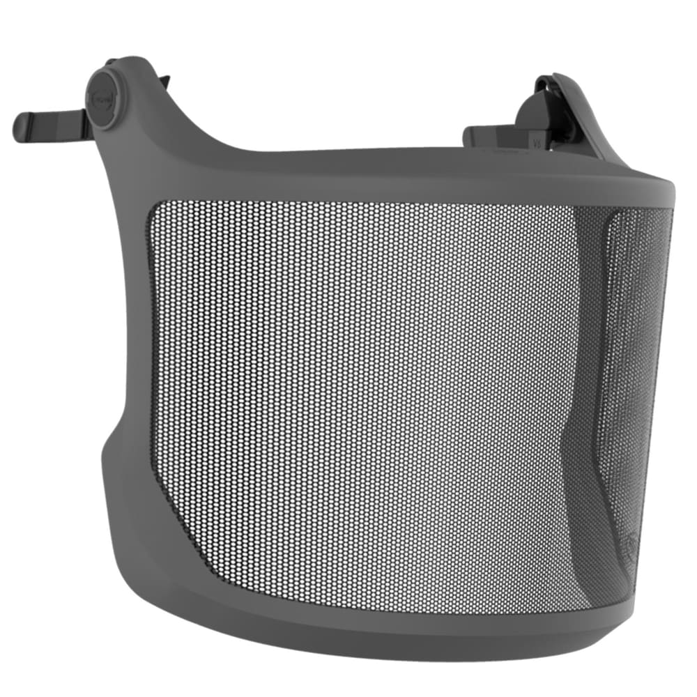 Evoguard M3 Forestry Visor with grey frame and black mesh fabric from the front