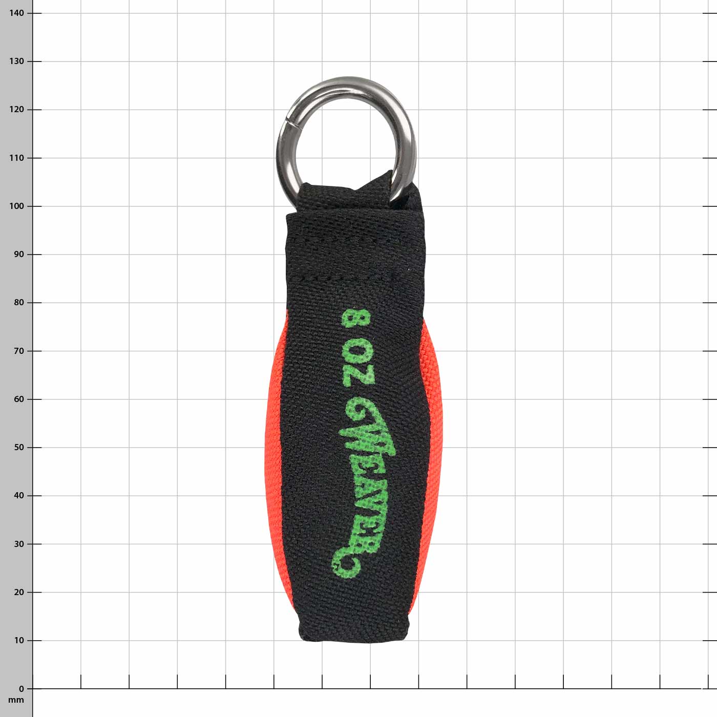 Bullet, weight 8 OZ, black and red with green text and metal ring on top