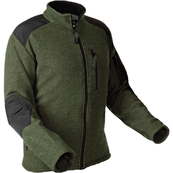 Wooltec Janker green jacket with black shoulder and elbow trim and zipper