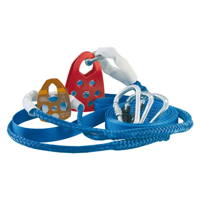 Load deflection extension set with two pulleys in red and orange, three silver carabiners and blue straps and ropes