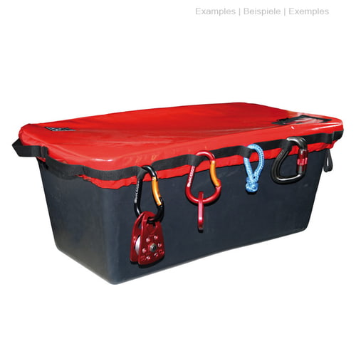 Cover in red on a black box, various snap hooks and a blue loop hang from the loops