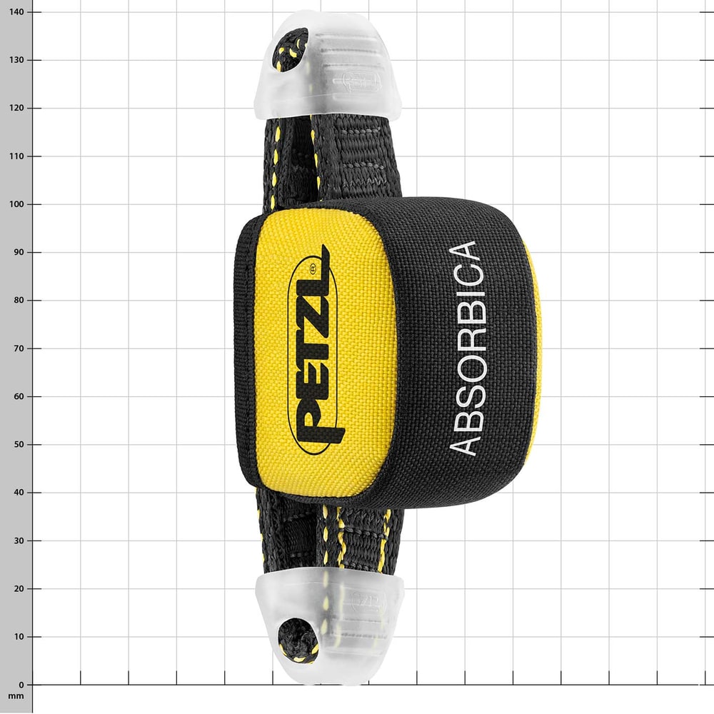 Absorbica by Petzl in yellow and black, squarely upholstered with white Petzl and Absorbica lettering, on a grid background with two grey plastic eyelets at the ends