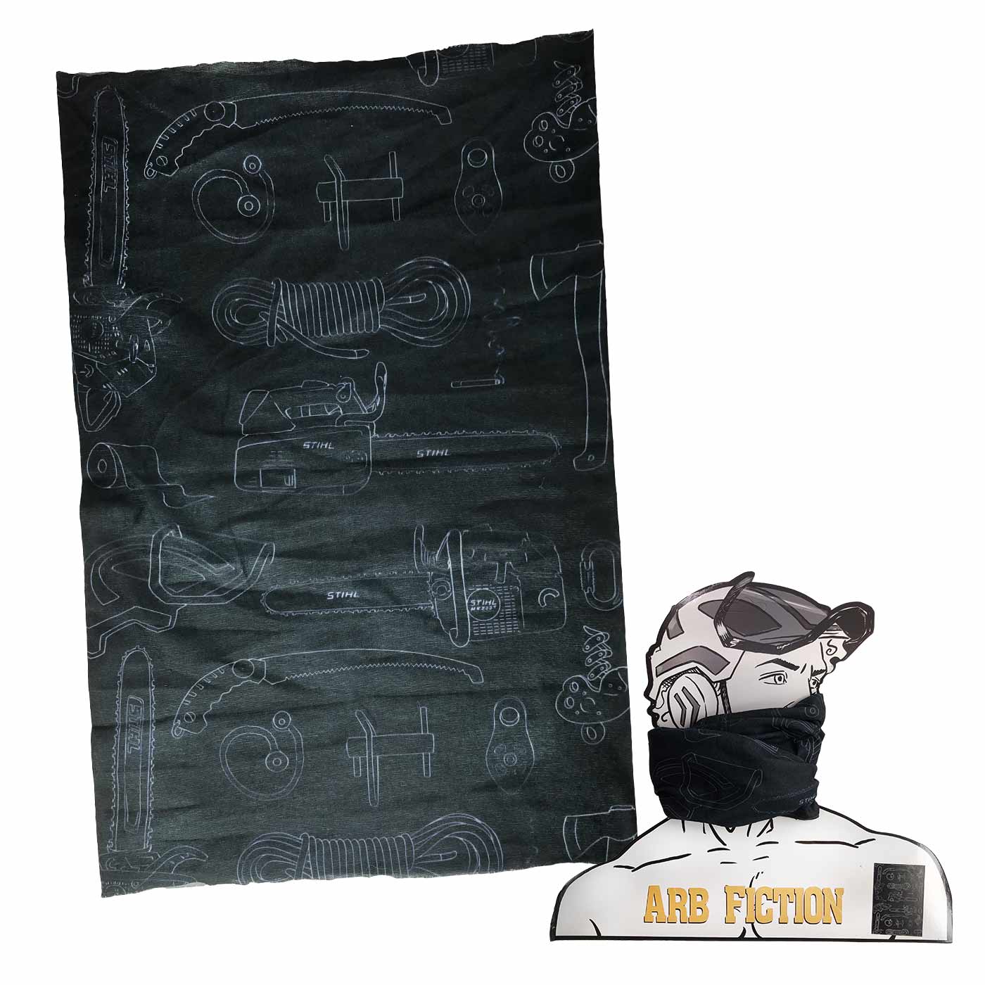Black scarf with white outlines of tools and a chainsaw, next to it a cardboard figure with black scarf, product name Utensils