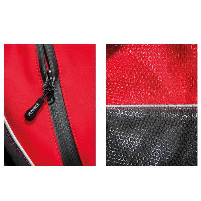 Close-up of a zipper of the Arborist jacket with black zipper pendant and close-up of the texture of the jacket inside and outside