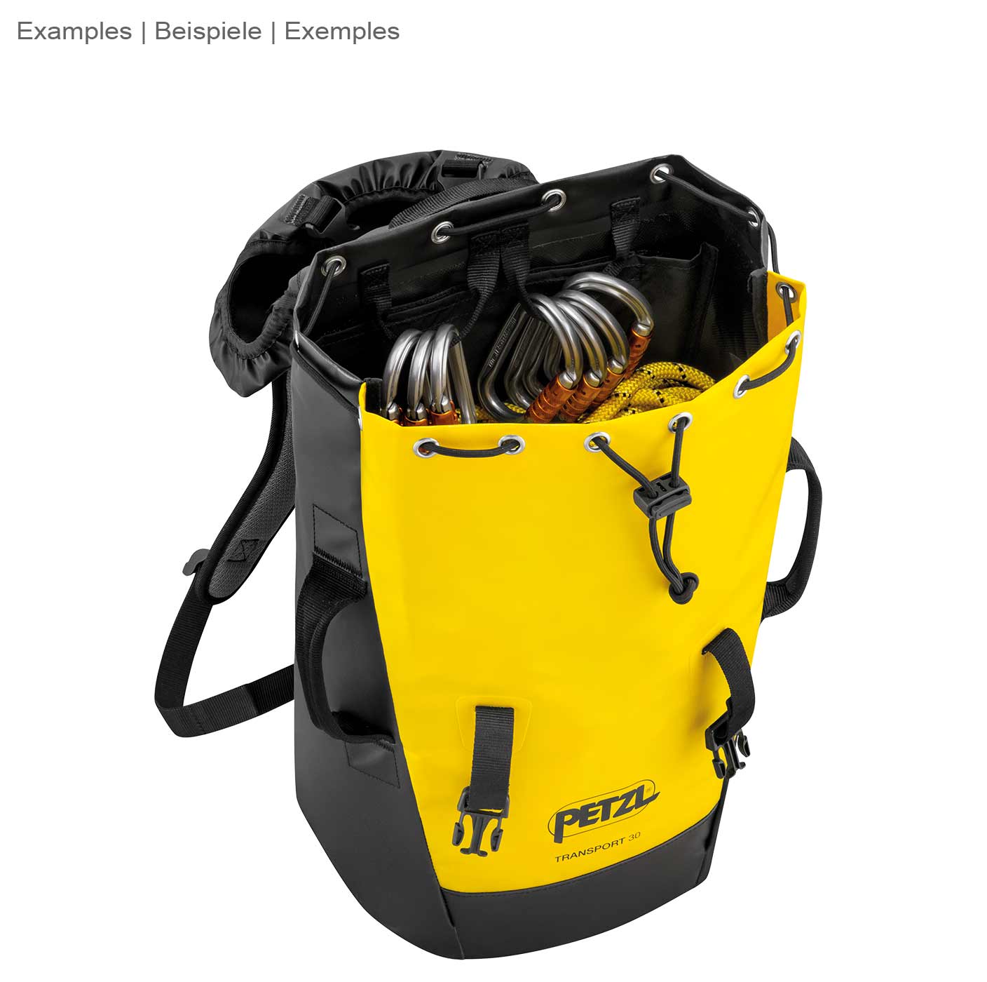 Petzl Transport 30 open backpack with climbing gear inside, yellow front with Petzl logo