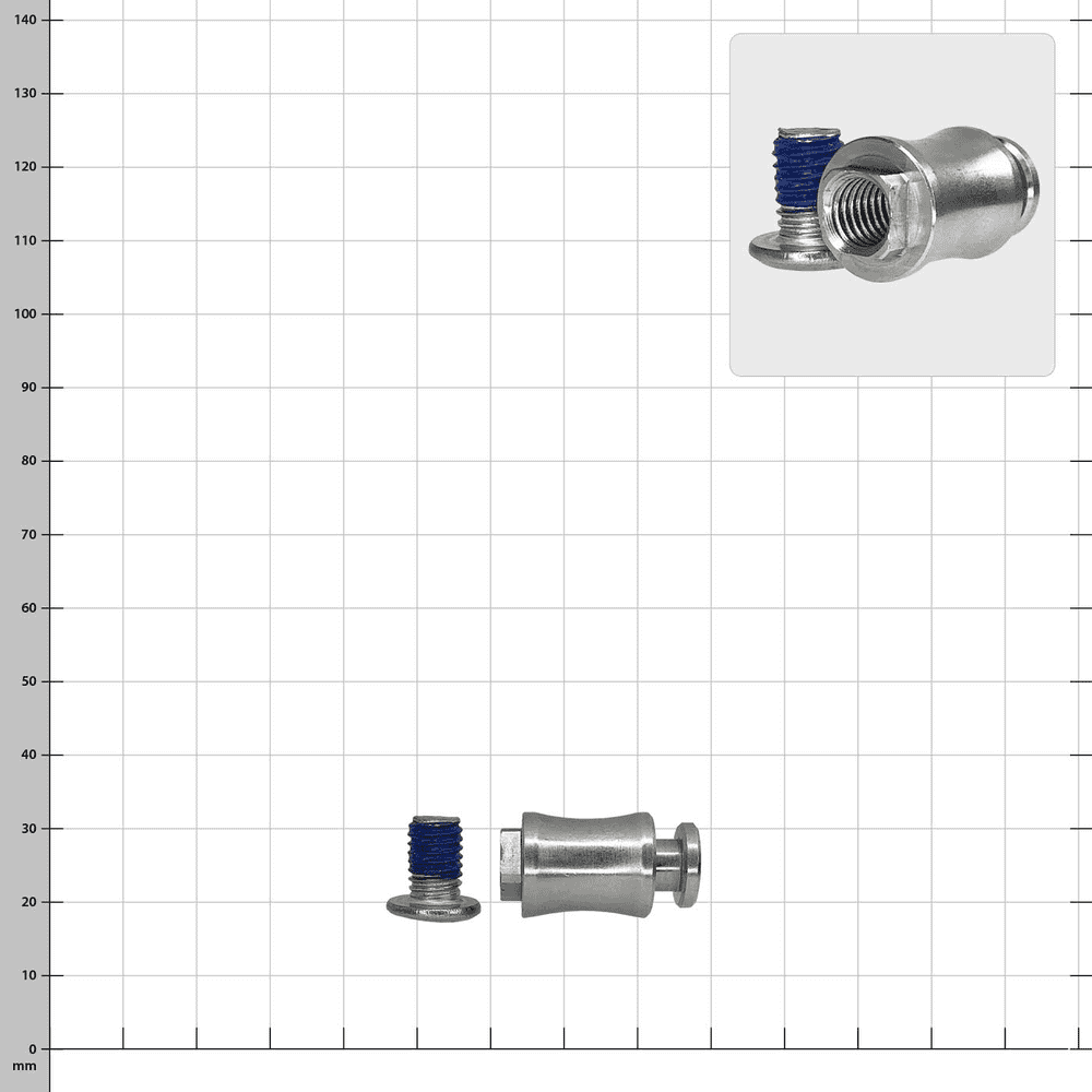 Rope Runner Pro Lower Bollard, two small metal parts, one cylindrical, the other a screw with blue coating on the thread