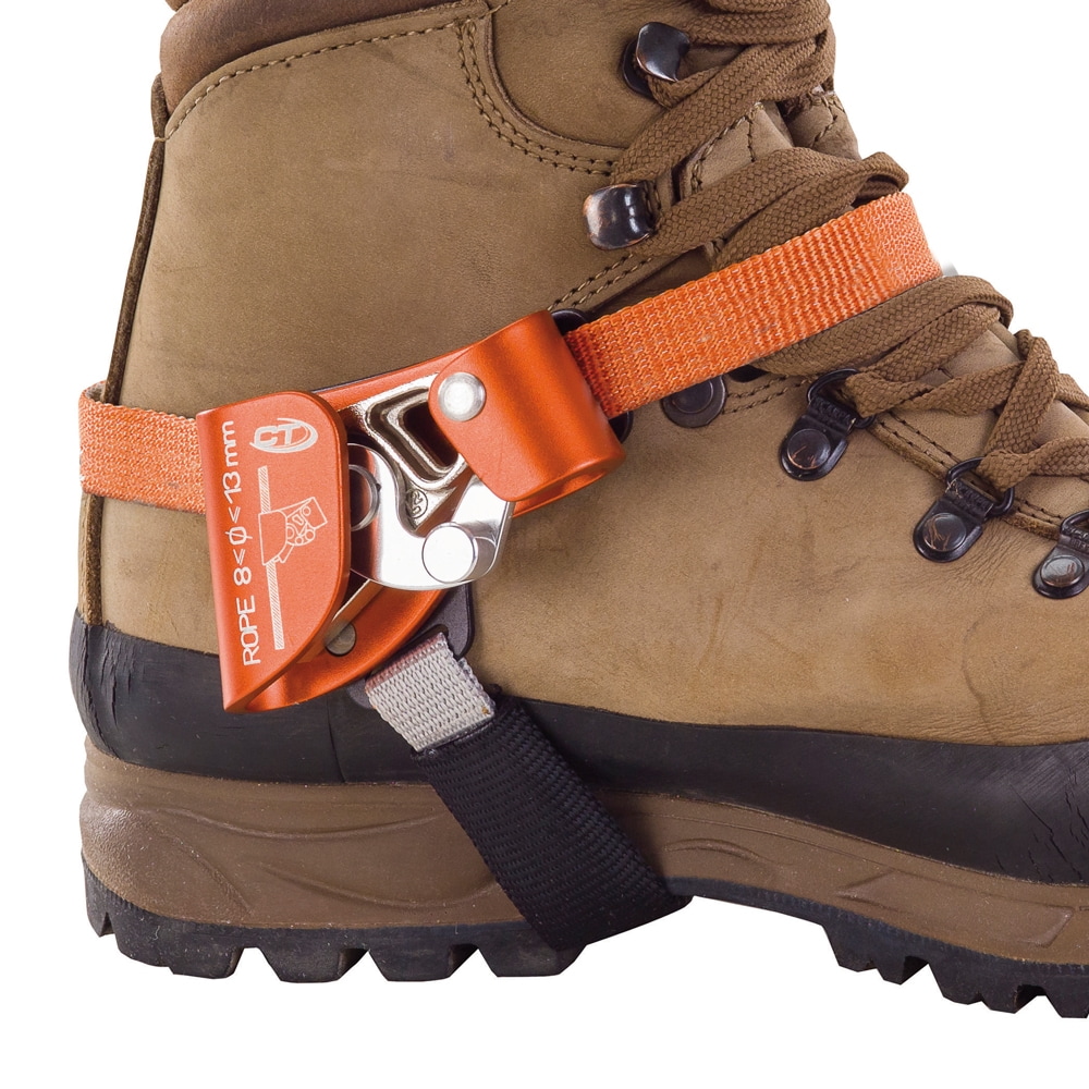 Quick Step R, Foot ascender orange metal clip attached to brown hiking boot with textile straps