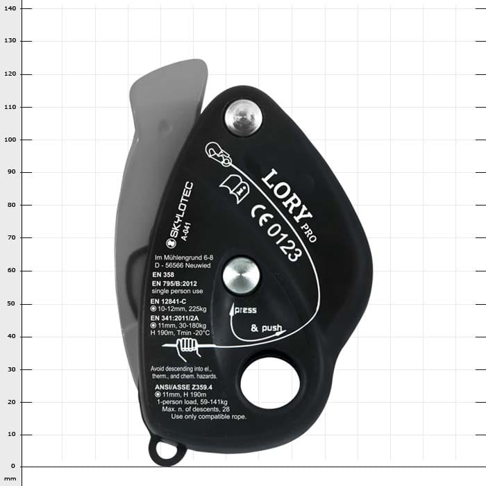 Lory Pro pulley by Skylotec in black with white lettering and technical specifications on the front