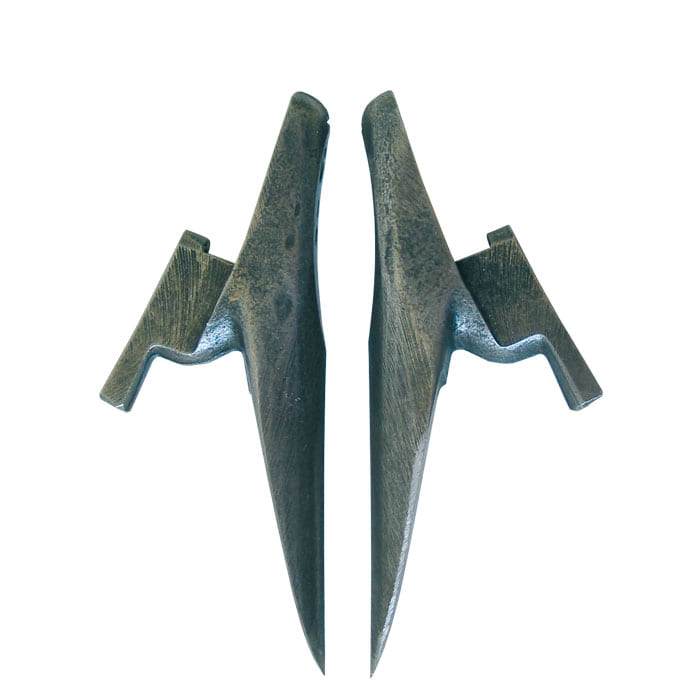 Bashlin Spikes L, two dark grey metal spikes with fasteners, placed side by side