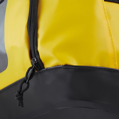 Close-up of black zipper and bottom of yellow PETZL Duffel 85 bag with black bottom