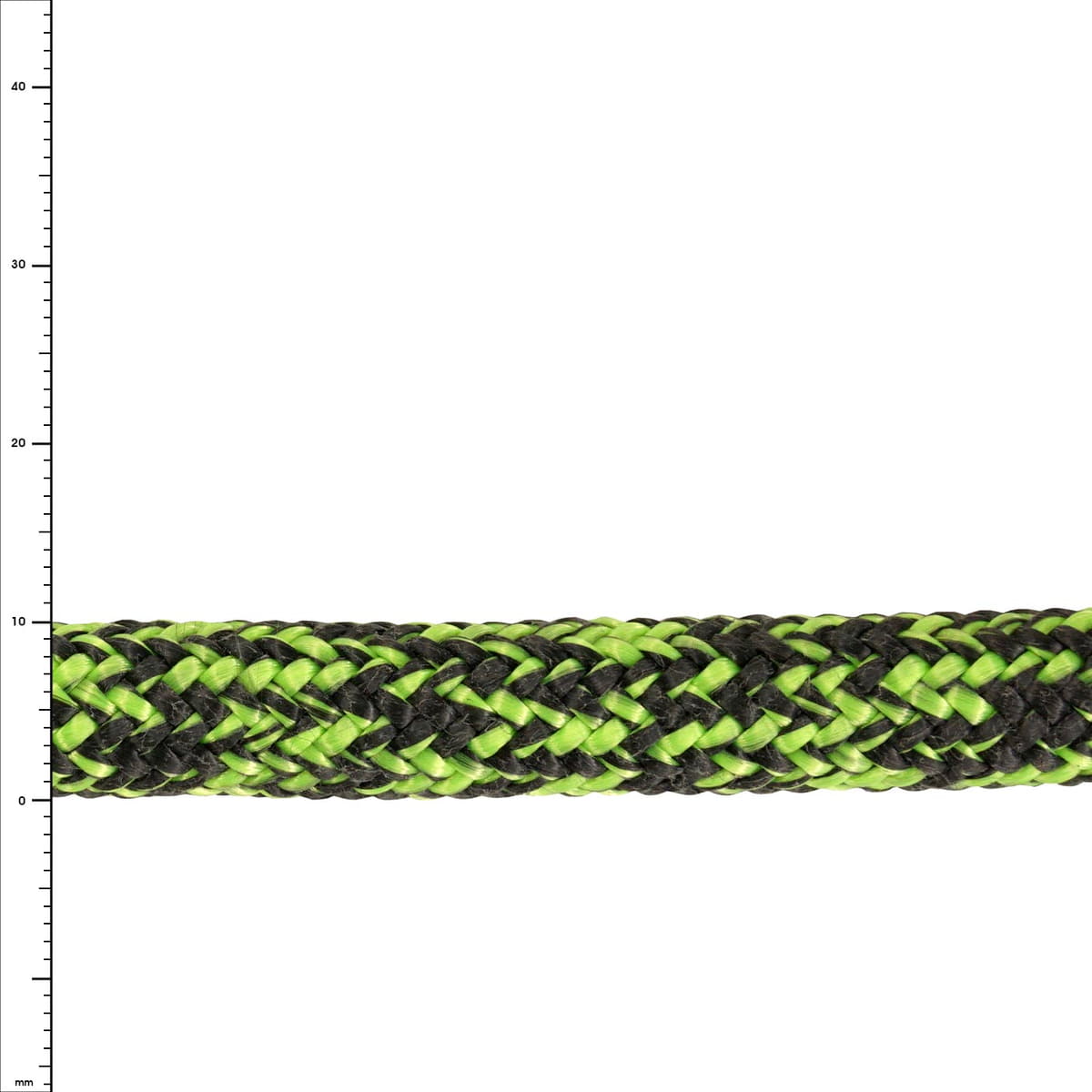 Phoenix 10 rope in green and black, close-up of braided material with scale in millimeters on white background