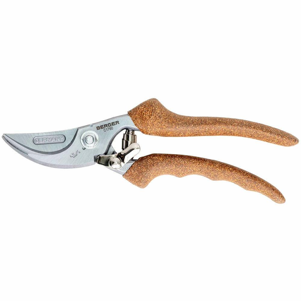 Berger C1760 Pruning Shears with Brown Handles and Silver Blade, closed view, with manufacturer's specs and model number on the metal part