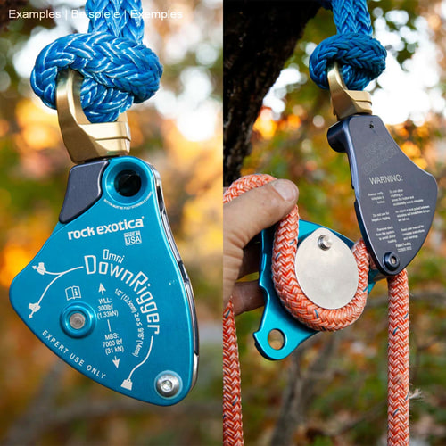 Rock Exotica Omni DownRigger in blue, open, with orange rope, one hand holds the rope, manufacturer Rock Exotica, type DownRigger