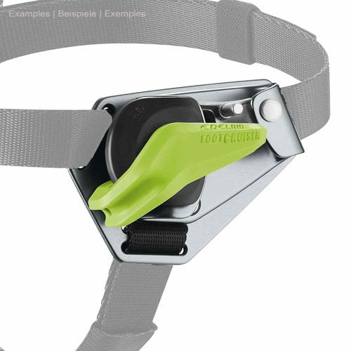 Foot Cruiser L locking lever in light green with black base body attached to a grey strap and metal holder
