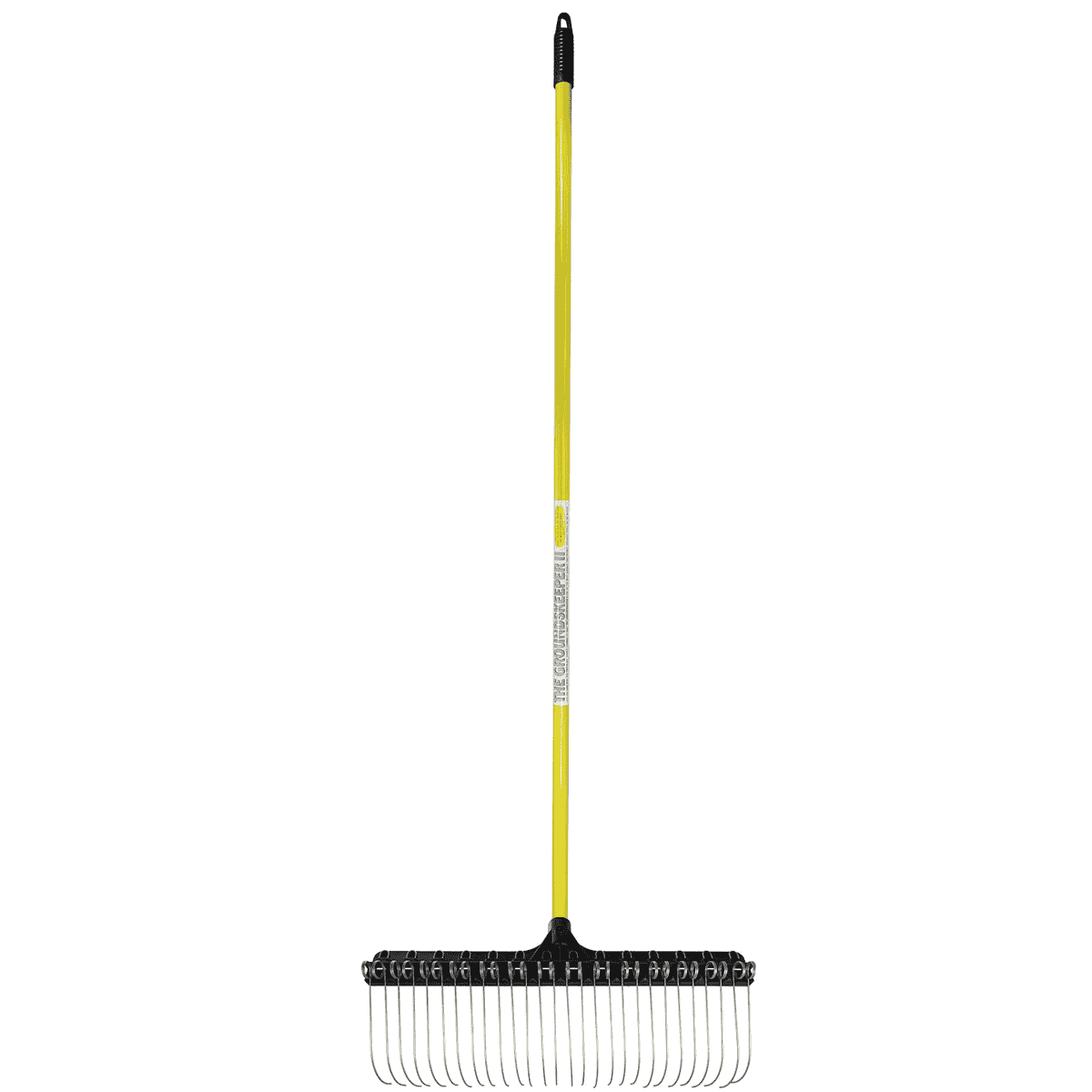 The Groundskeeper II Rake with yellow handle and black prongs, top handle with hole for hanging