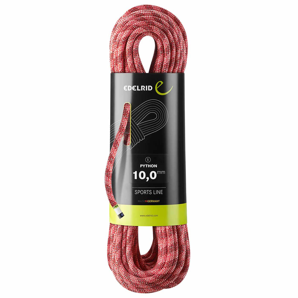 Edelrid Python climbing rope in red and white with black label and green underside, packed, 10.0 mm diameter, Sports Line, Made in Germany