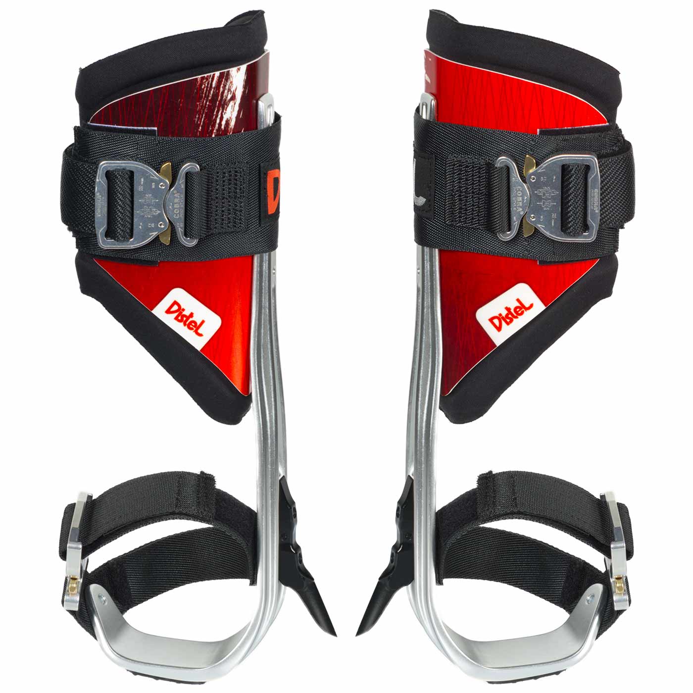 Distel Alu PLUS Click by Distel, Pair of Aluminum Stirrups with Red Plastic Plates, Black Velcro and Buckle Straps