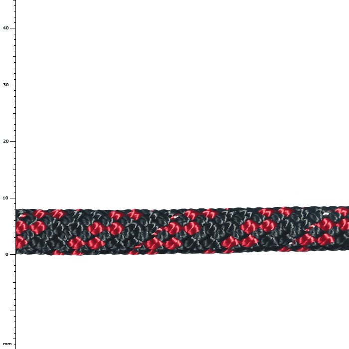 Sirius 8 rope, black with red and gray patterns, close-up of braiding and structure