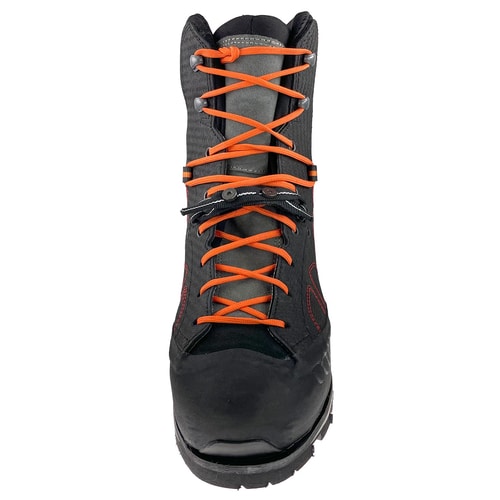 Evo Safety shoe in black with orange laces shown from the front, manufacturer's name not visible