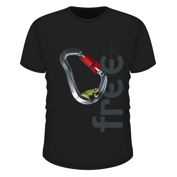 Black T-shirt with a silver carabiner print with a red closure and a small green frog inside, next to it is the lettering "free" in grey, product name Tree Frog