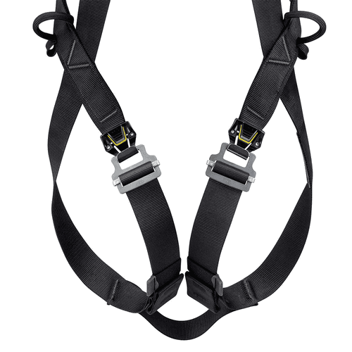 Close-up of the lower black straps and grey buckles of the Newton Fast harness by Petzl