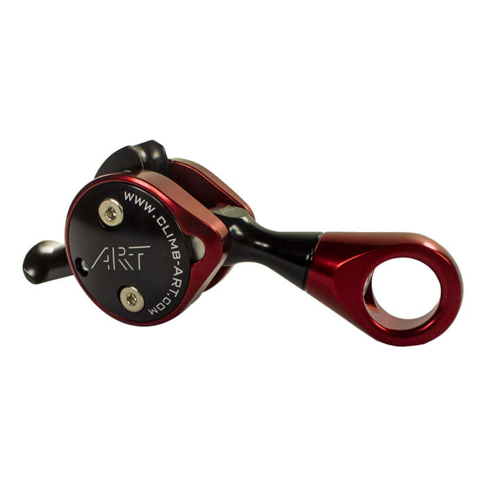 Positioner 2 by Climb Art, red and black climbing positioner with two screws and the inscription www.climb-art.com, side view