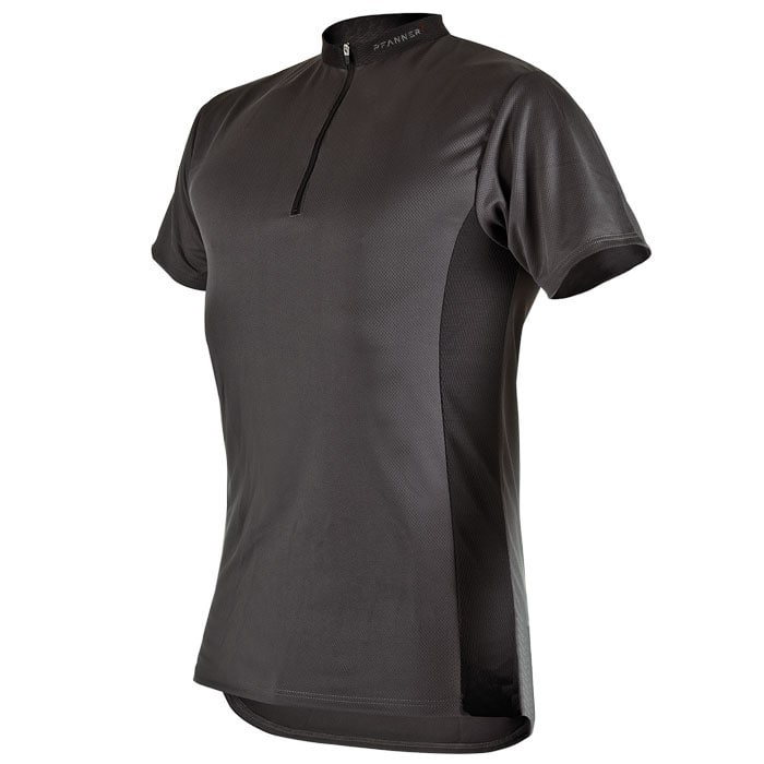 Zip-neck shirt in black with short zipper and manufacturer's name Pfanner on the collar