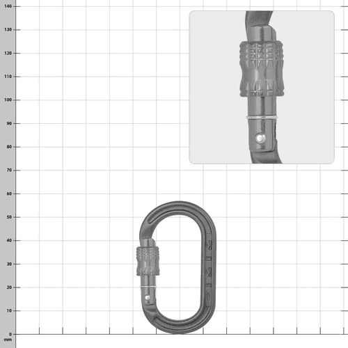 XSRE Lock, manufacturer not visible, gray carabiner with gray clasp, close-up of the clasp top right