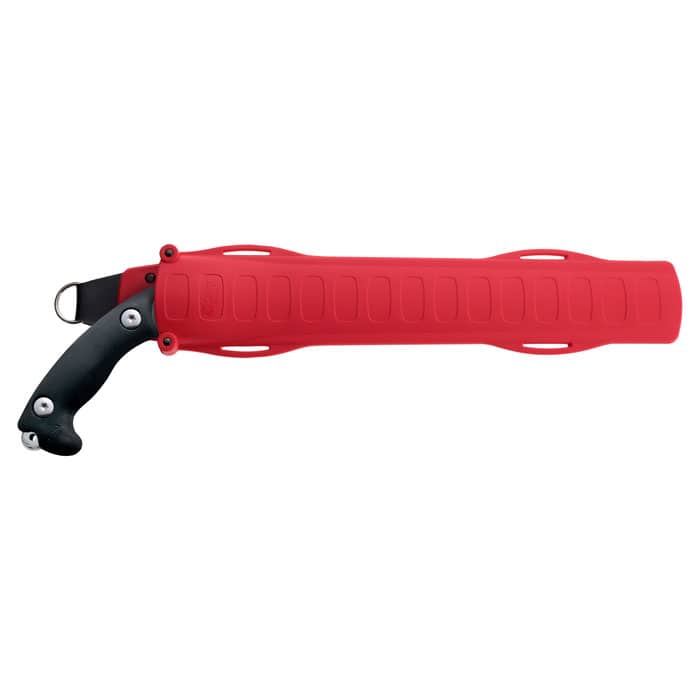 Saw Ibuki 390-5.5 with black handle in red plastic sheath, sheath has several openings and metal ring at the end