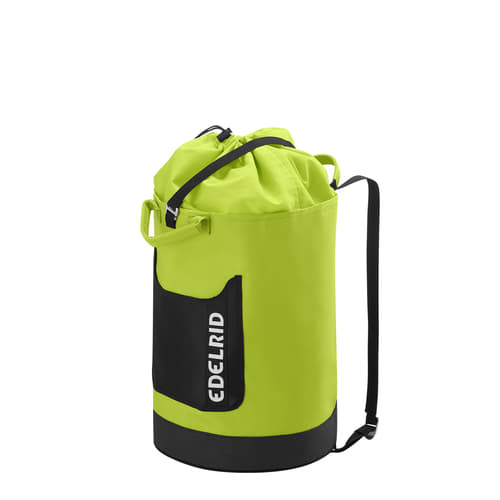 Cask 28 by Edelrid, yellow and black rope bag with closed drawstring, two handles and black shoulder strap